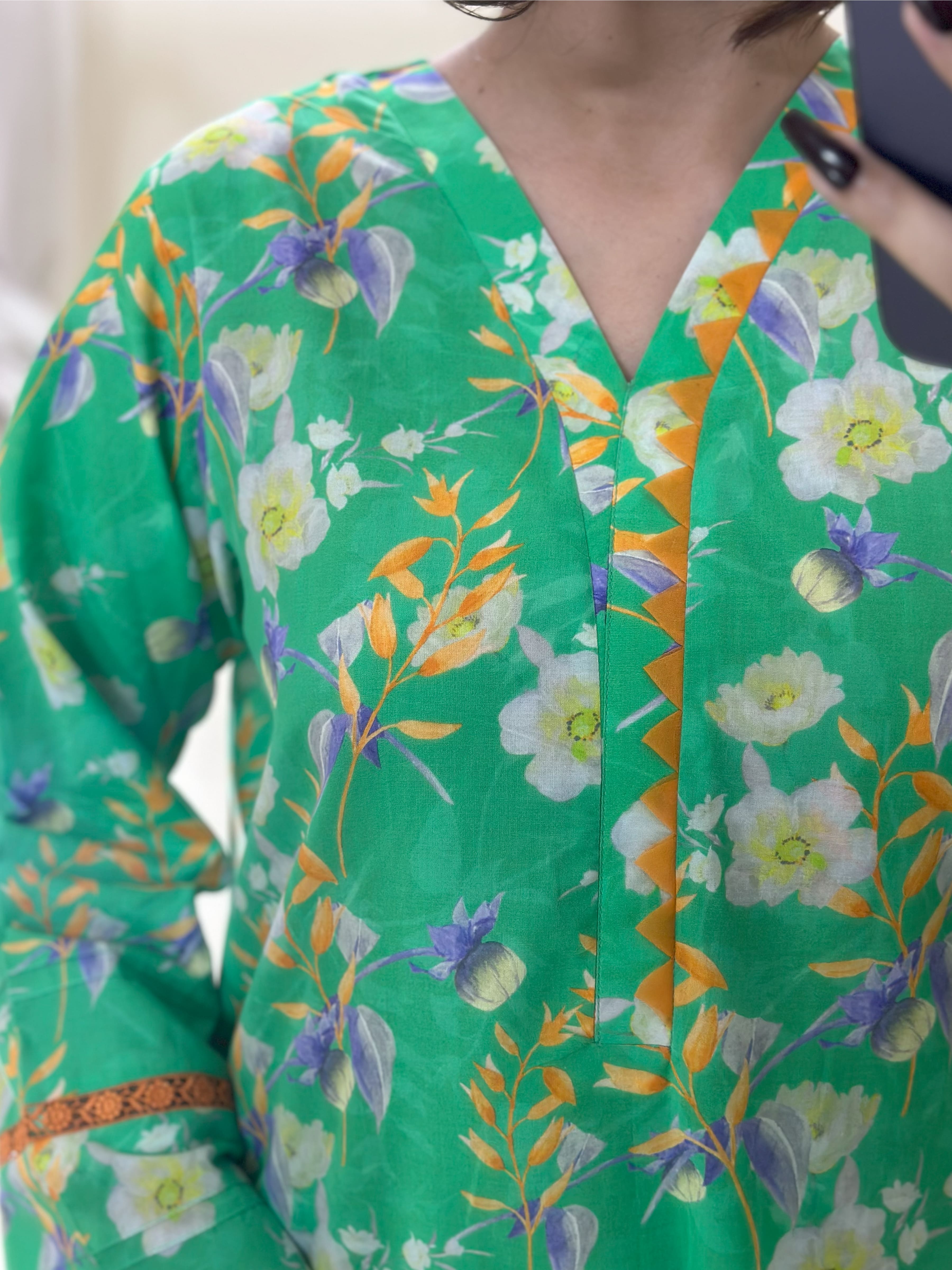 Green Floral 2PC Stitched Lawn Suit