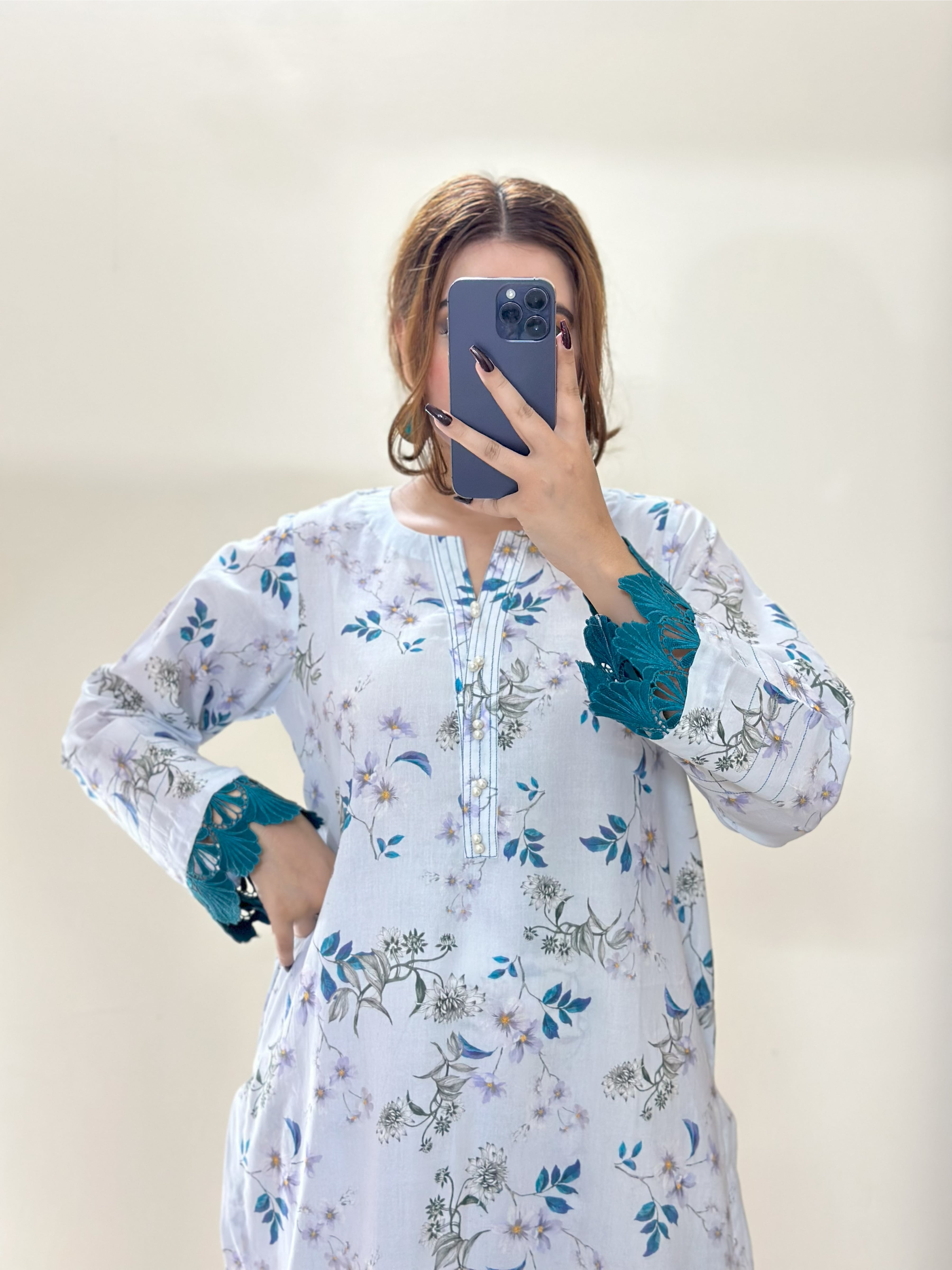 White & Blue Floral 2PC Stitched Lawn Suit