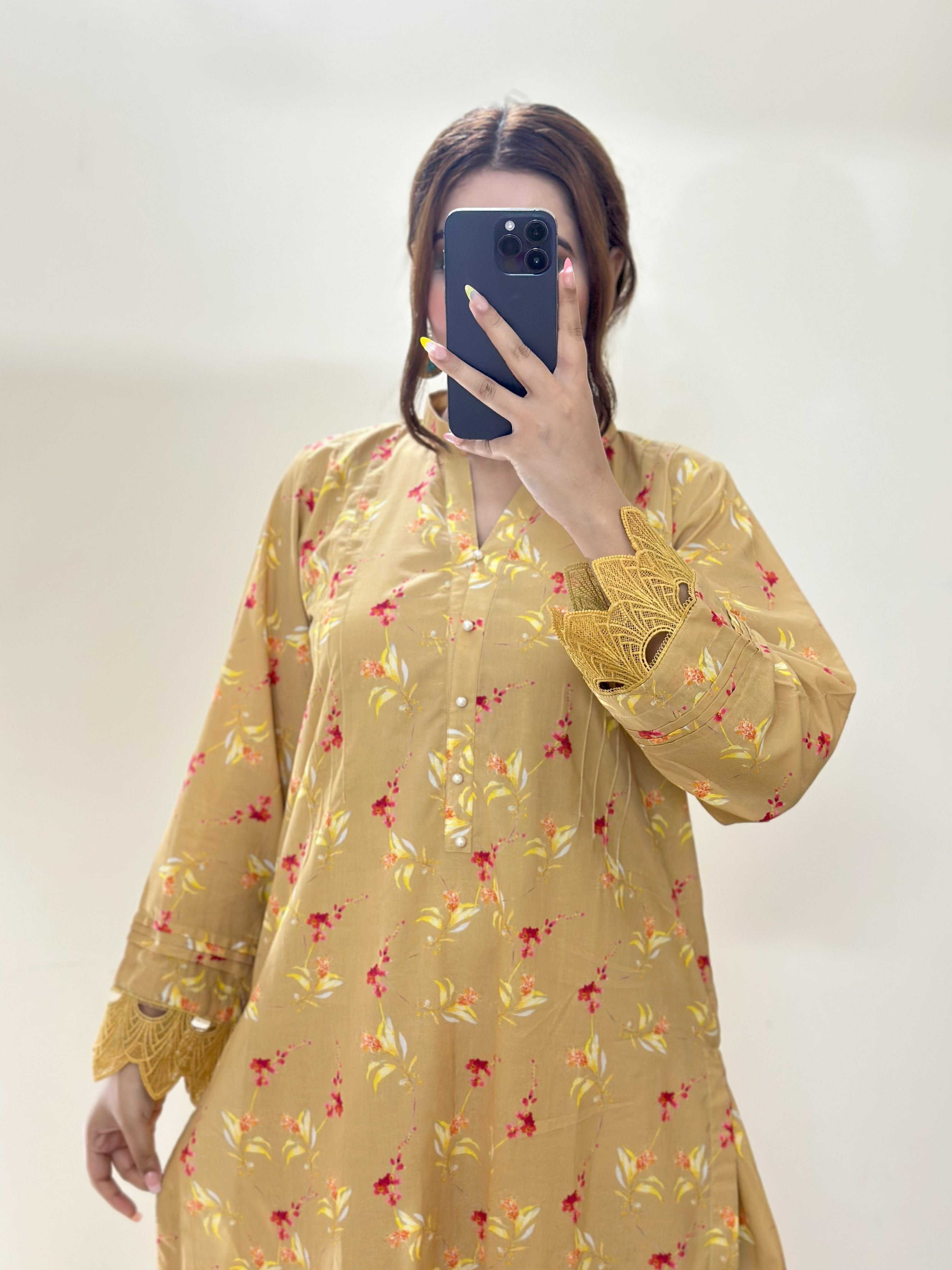 Mustard Yellow Floral 2PC Stitched Lawn Suit