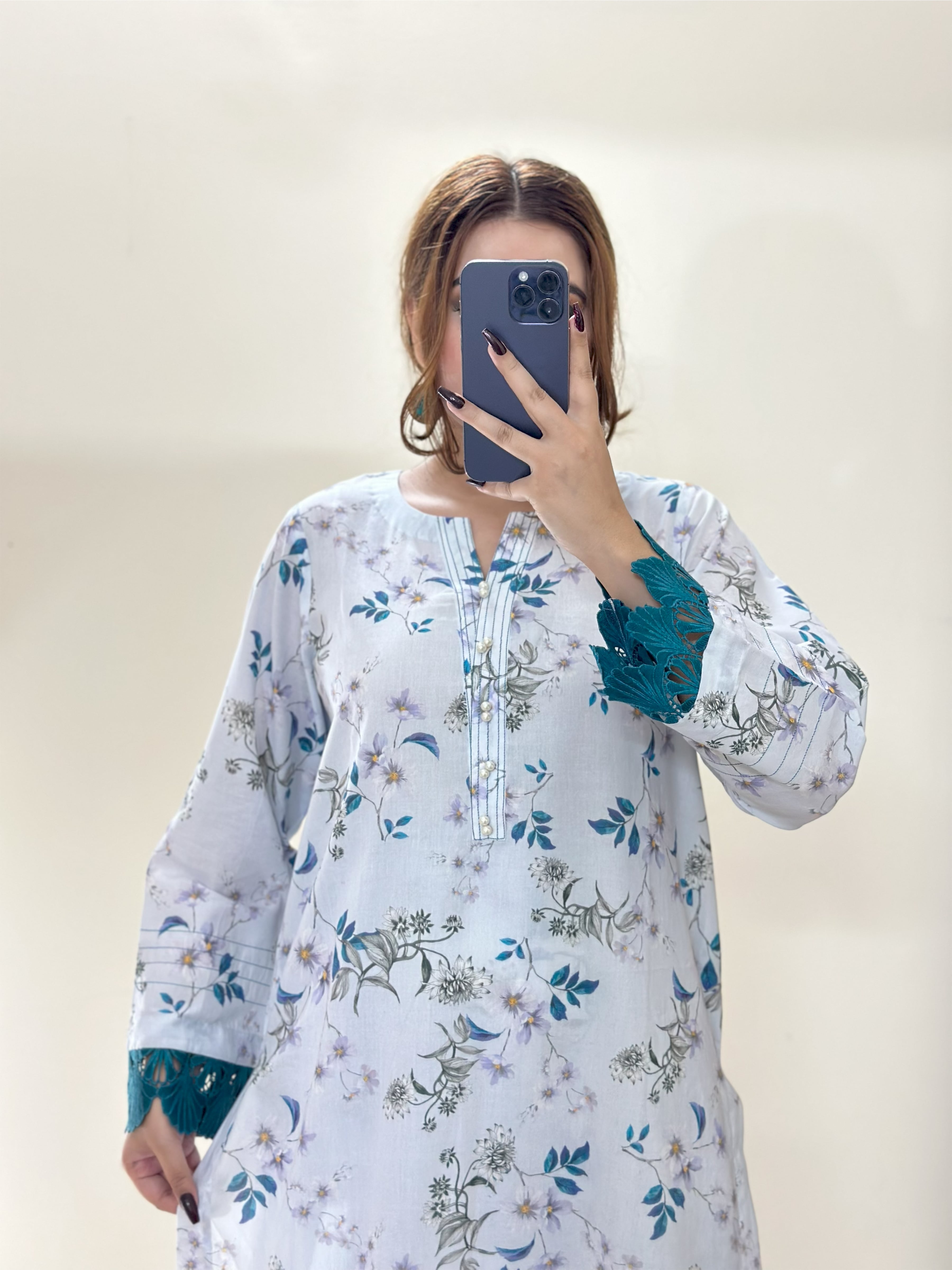 White & Blue Floral 2PC Stitched Lawn Suit