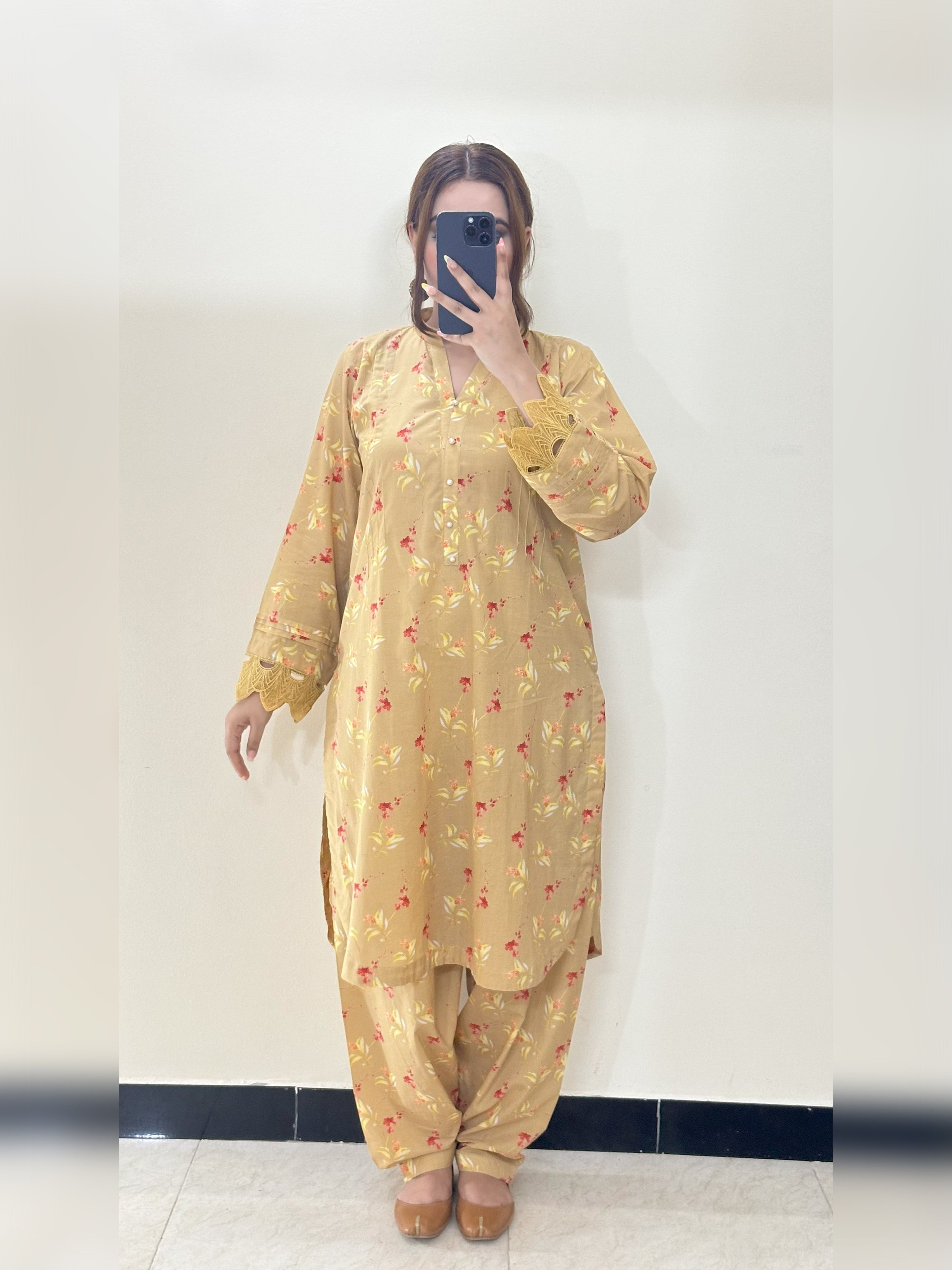 Mustard Yellow Floral 2PC Stitched Lawn Suit