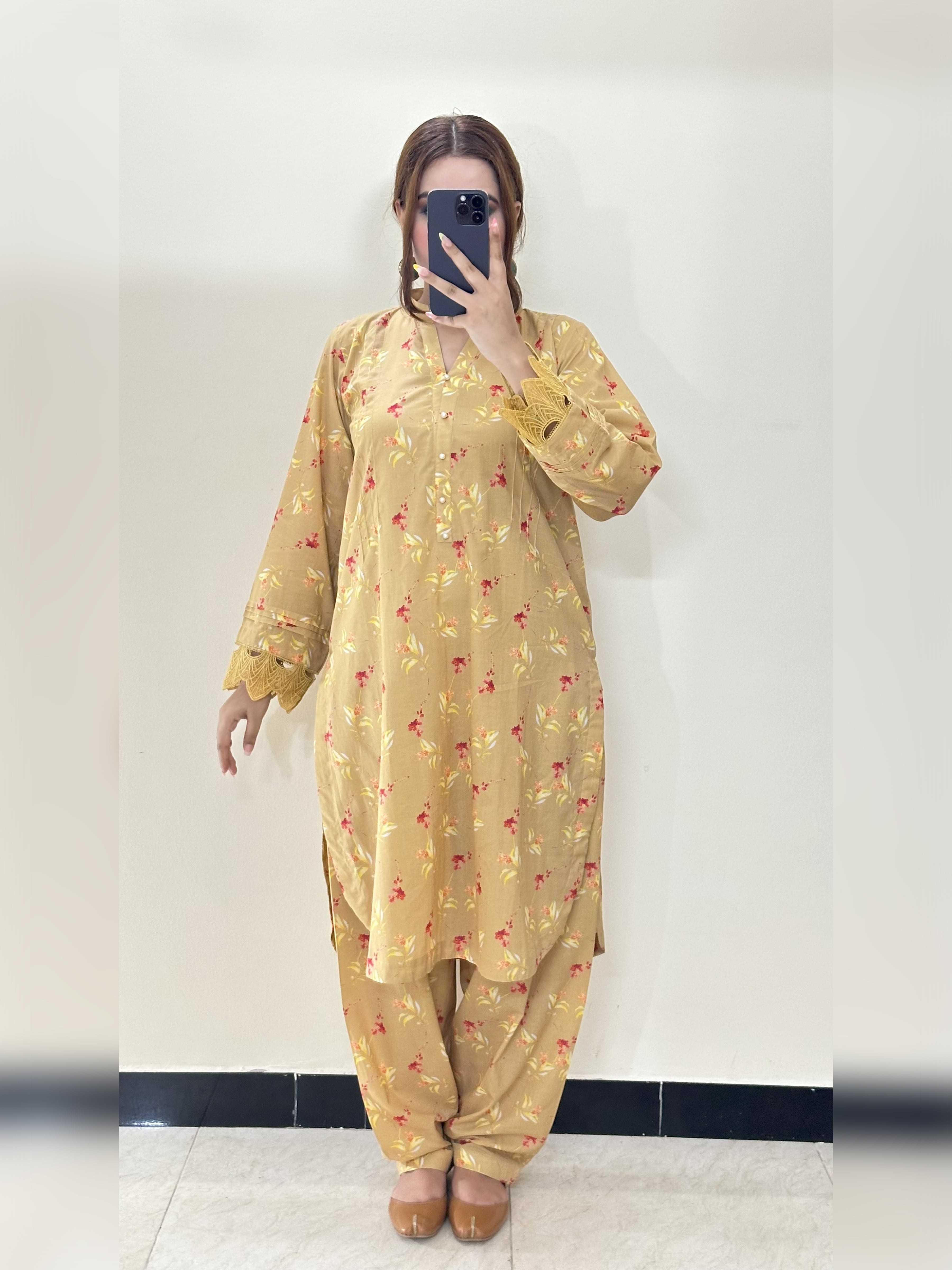 Mustard Yellow Floral 2PC Stitched Lawn Suit