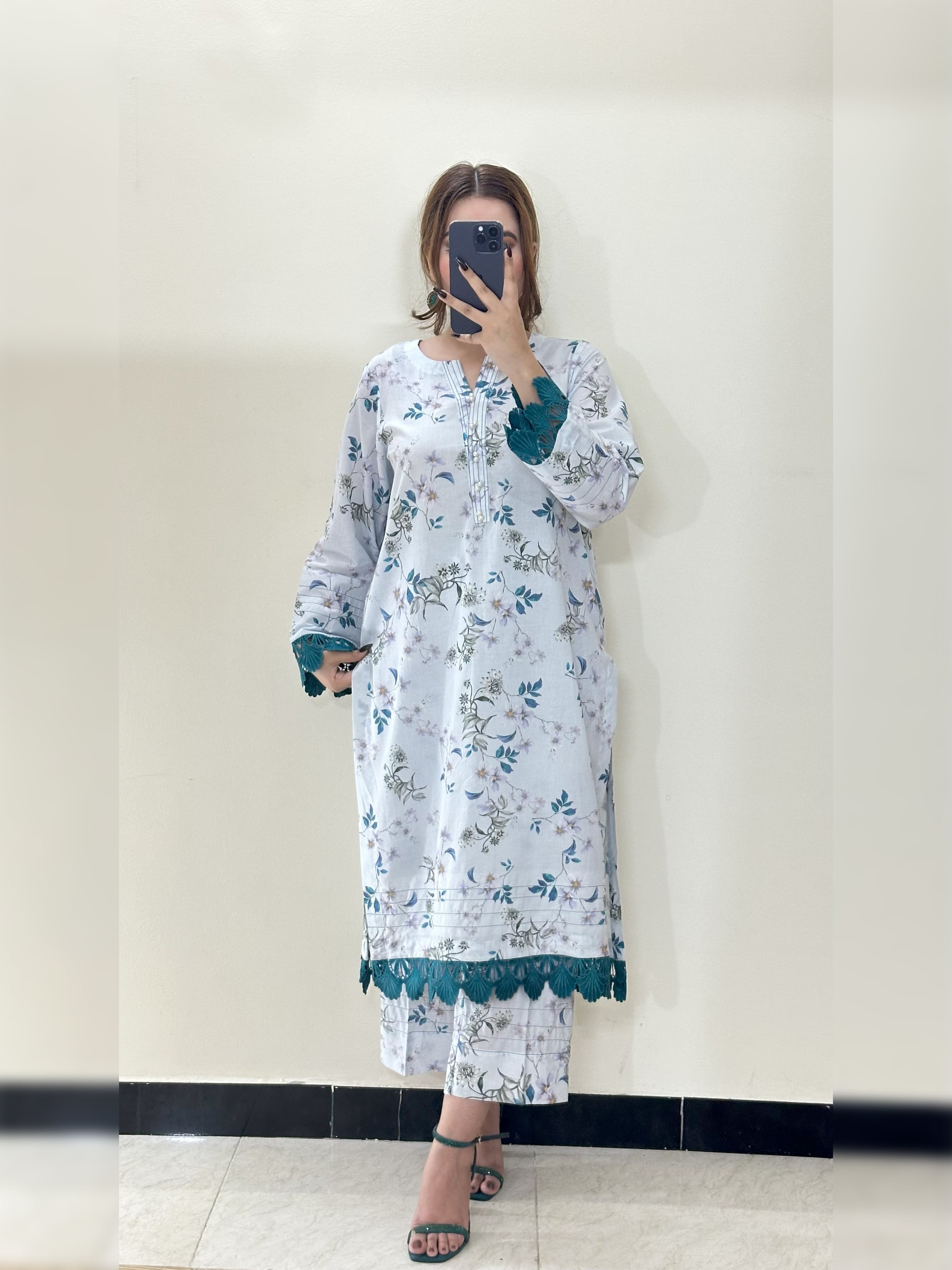 White & Blue Floral 2PC Stitched Lawn Suit