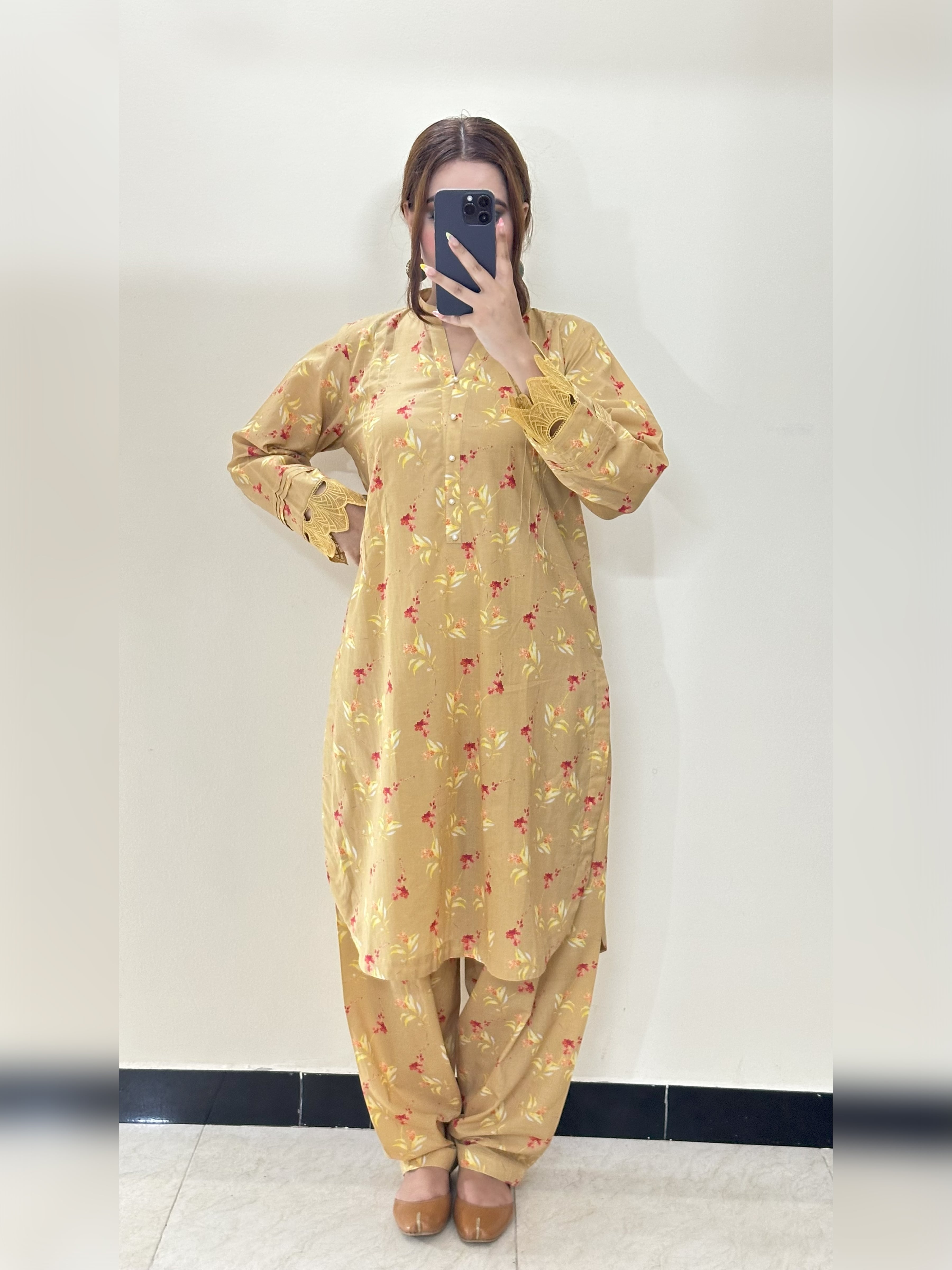 Mustard Yellow Floral 2PC Stitched Lawn Suit
