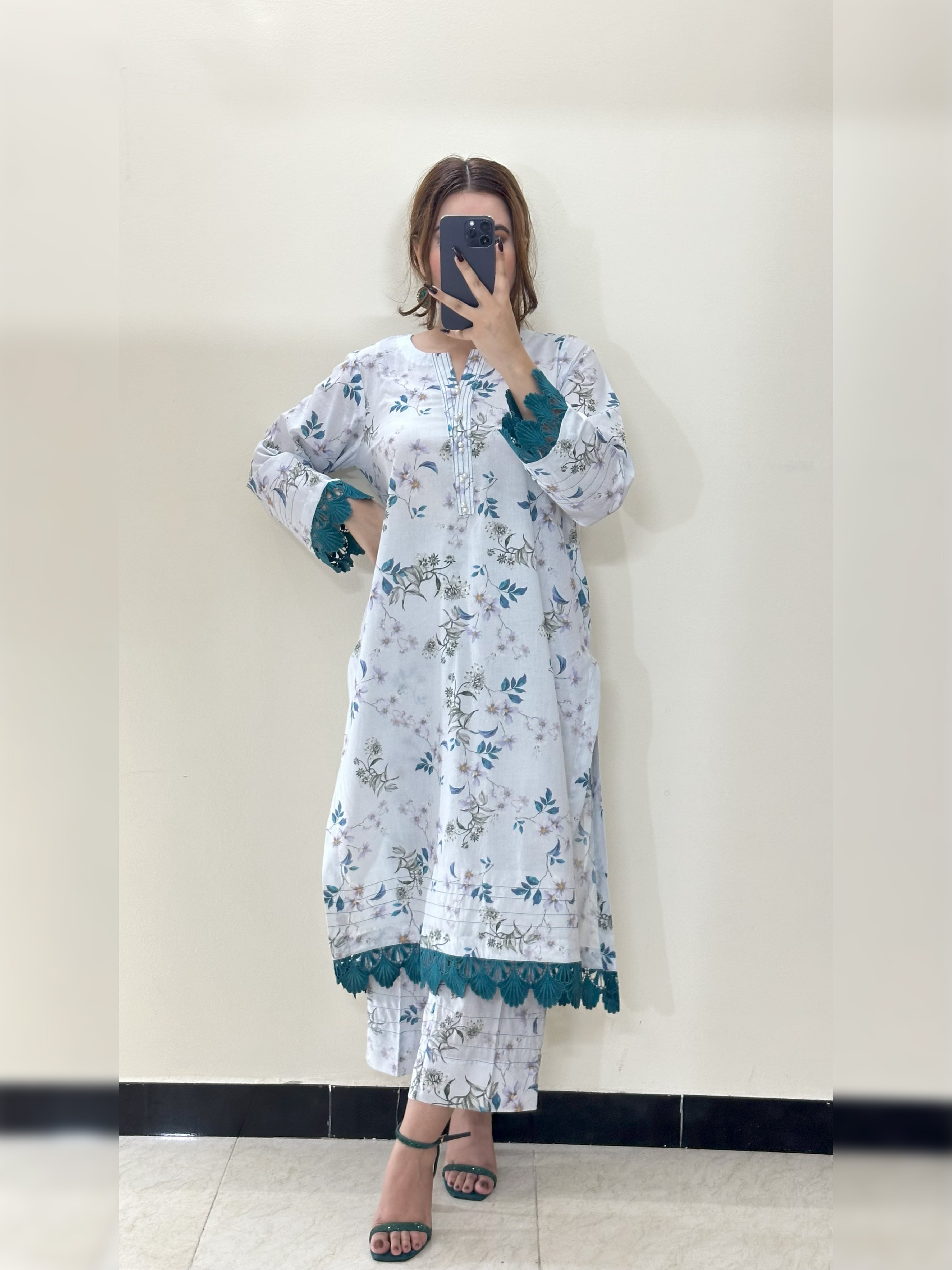White & Blue Floral 2PC Stitched Lawn Suit