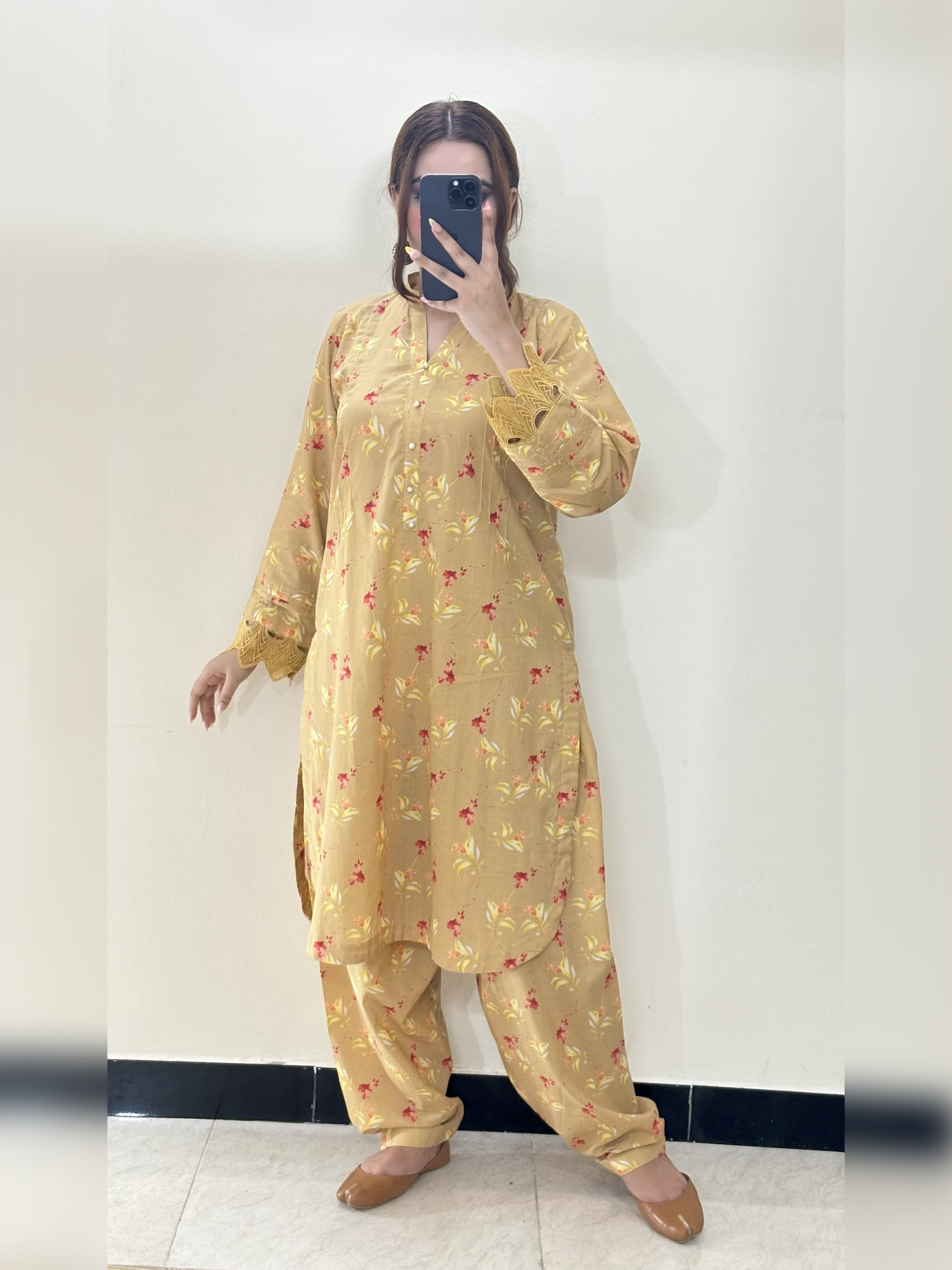 Mustard Yellow Floral 2PC Stitched Lawn Suit