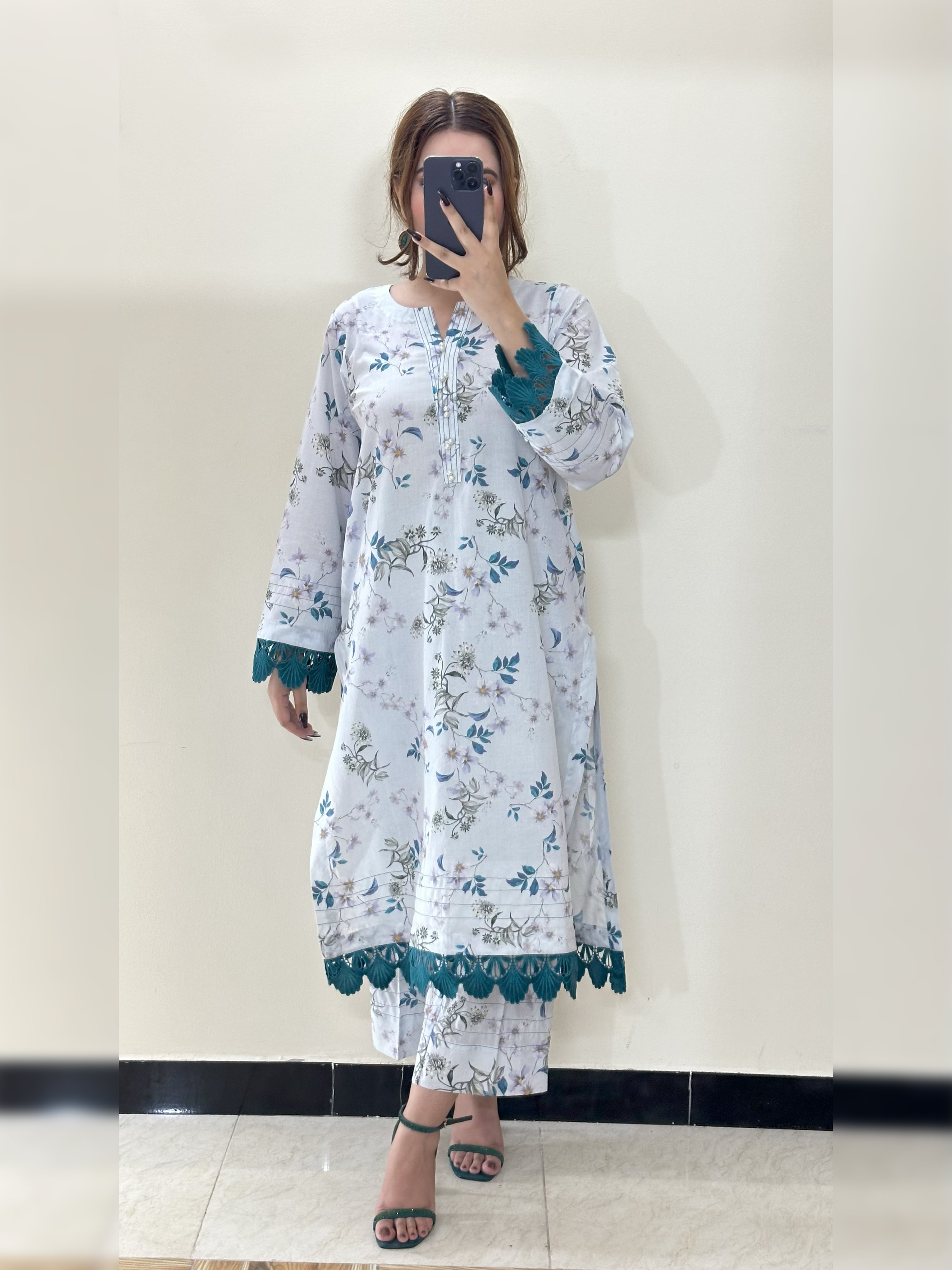 White & Blue Floral 2PC Stitched Lawn Suit